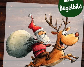 Bügelbild Weihnachtsmann & Rentier – Lustiger Cartoon Santa mit Geschenk Sack zum Aufbügeln für Kinder Kleidung