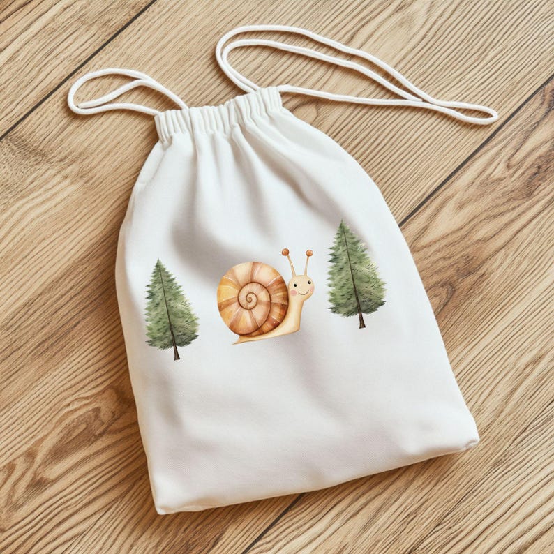 May include: White drawstring bag with a brown snail and green trees printed on it.