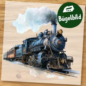 May include: Watercolor illustration of a vintage steam train, featuring a dark blue locomotive with the number 390. The train is pulling several passenger cars, with a plume of white smoke rising from the smokestack. The image is set against a wood grain background.