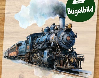 Bügelbild Dampflok Aquarell – Vintage Eisenbahn Motiv zum Aufbügeln für Kinder Shirt, Lokomotive DIY Kleidung