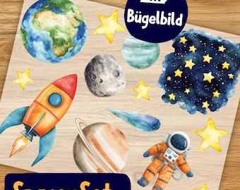 Space-Set Bügelbilder, Wasserfarbe Grafiken zum Aufbügeln, Weltraum Reise, Raumschiff, Planeten und Sterne Illustrationen für Kinder Tshirt