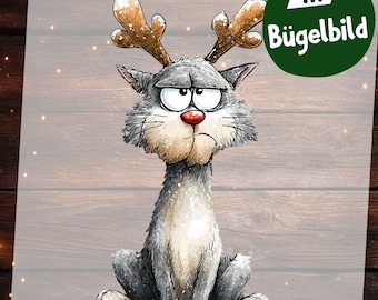 Bügelbild Weihnachtskatze – Lustiger Cartoon Kater mit Geweih zum Aufbügeln für Kinder Shirt, Schultüte & Winter Deko