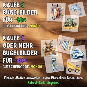 May include: A collection of iron-on transfer designs featuring various illustrations, including a horse with floral accents, a dolphin, a tractor, a rabbit wearing glasses, a fish, a race car, a scuba diver, and a dump truck. The image also includes text in German.