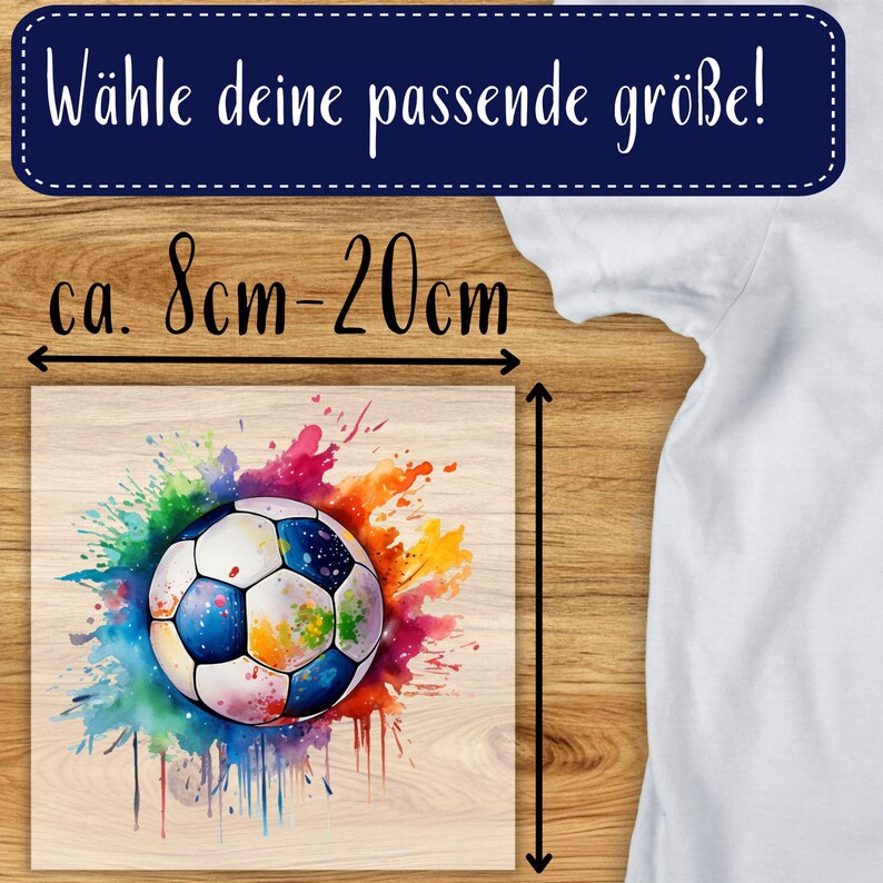 May include: A square wooden print featuring a soccer ball design with a colorful watercolor splash effect. The print measures approximately 3 to 8 inches in size. The text at the top says "Choose your size!"