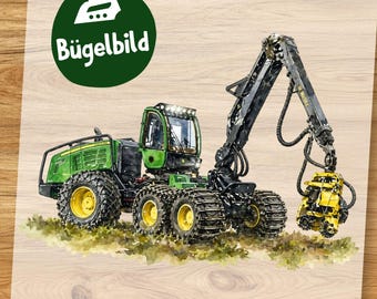 Harvester Bügelbild Aquarell, Forstmaschine mit Greifarm, Wald Erntemaschine Motiv für T-Shirt und Kleidung