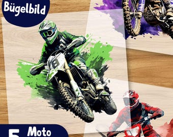 5 coole motorcross Bügelbilder Wasserfarbe Dirtbike zum Aufbügeln, Motorrad-T-shirt, Aquarell Rennsport Bügelmotiv, Offroad MX Rennen