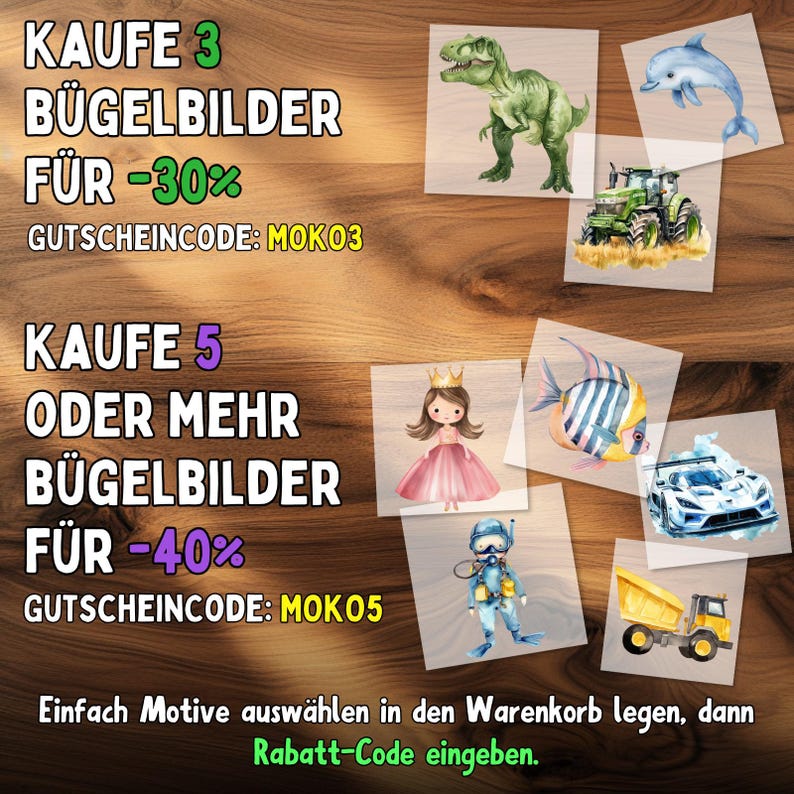 Op de afbeelding: Een verzameling strijkapplicaties met diverse ontwerpen, waaronder een dinosaurus, dolfijn, tractor, prinses, vis, raceauto, duiker en dumper. De afbeelding bevat tekst met kortingen met de codes MOKO3 en MOKO5.