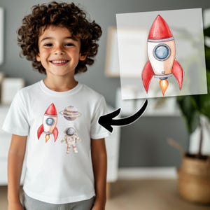 Weltraum Reise Bügelbilder, Wasserfarbe Grafiken zum Aufbügeln, Raumschiff, Planeten och Sterne, Niedliche Illustrationen für Kinder Tshirt bild 2
