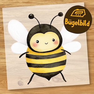 Könnte beinhalten: Bügeleisen-Transfer einer niedlichen Cartoon-Biene mit schwarzen und gelben Streifen, weißen Flügeln und einem lächelnden Gesicht. Das Bild ist mit "Bügelbild" beschriftet.