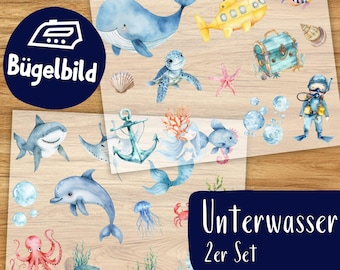 Unterwasser Bügelbilder 2er Set, Wasserfarbe Ozean Fische Grafiken zum Aufbügeln, Blauwal Bügeln für Kinder Camiseta Meerjungfrau, Delfin Süß