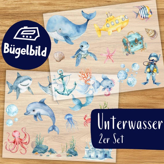 Unterwasser Bügelbilder 2er Set, Wasserfarbe Ozean Fische Grafiken zum Aufbügeln, Blauwal Bügeln für Kinder Tshirt Meerjungfrau, Delfin Süß