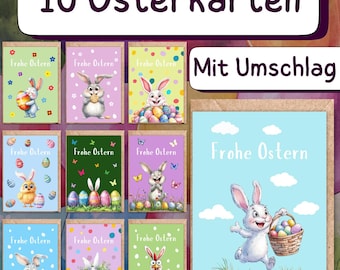 10er Set Lustige Osterkarten mit Umschlägen, hochwertige Grußkarten zu Ostern, Frühling Osterhase, April Postkarten mit Umschlag