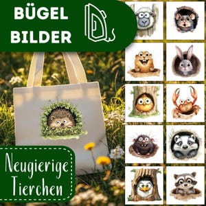 Könnte beinhalten: Eine weiße Tragetasche mit dem Text "BÜGEL BILDER" und "Neugierige Tierchen" darauf gedruckt. Die Tasche zeigt verschiedene Bügelbilder mit niedlichen Tieren, darunter ein Igel, ein Kaninchen, ein Vogel, eine Krabbe, ein Dachs, ein Waschbär und ein Schaf.