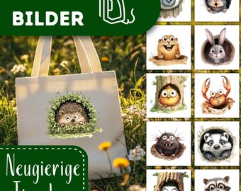 Neugierige Tierchen Bügelbilder, Wasserfarbe Witzige Tiere zum Aufbügeln, Cartoon Igel, Hase Kinder Tshirt Bügelmotiv, Lustige Tiere im Loch