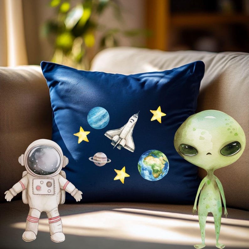 Weltraum Reise Bügelbilder, Wasserfarbe Grafiken zum Aufbügeln, Raumschiff, Planeten och Sterne, Niedliche Illustrationen für Kinder Tshirt bild 8