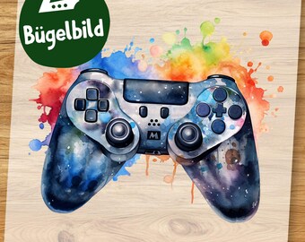 Gaming Controller Bügelbild, Cooler Spiele Joystick in bunter Wasserfarbe zum Aufbügeln, Gamer Geschenk Idee für Kinder Tshirt Videospiel