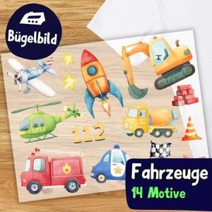 Pode incluir: Uma folha de transfer com vários veículos e elementos. Inclui um carro de bombeiros vermelho, um carro de polícia azul, uma betoneira amarela e um foguete. O texto "Fahrzeuge 14 Motive" é visível.
