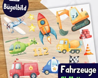 Bügelset Fahrzeuge – 14 Aquarell Motive Autos und Rakete Kinder Tshirt