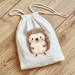 May include: A white drawstring bag featuring a charming cartoon hedgehog design. The hedgehog is brown with a white tummy. The bag is ideal for carrying small items.