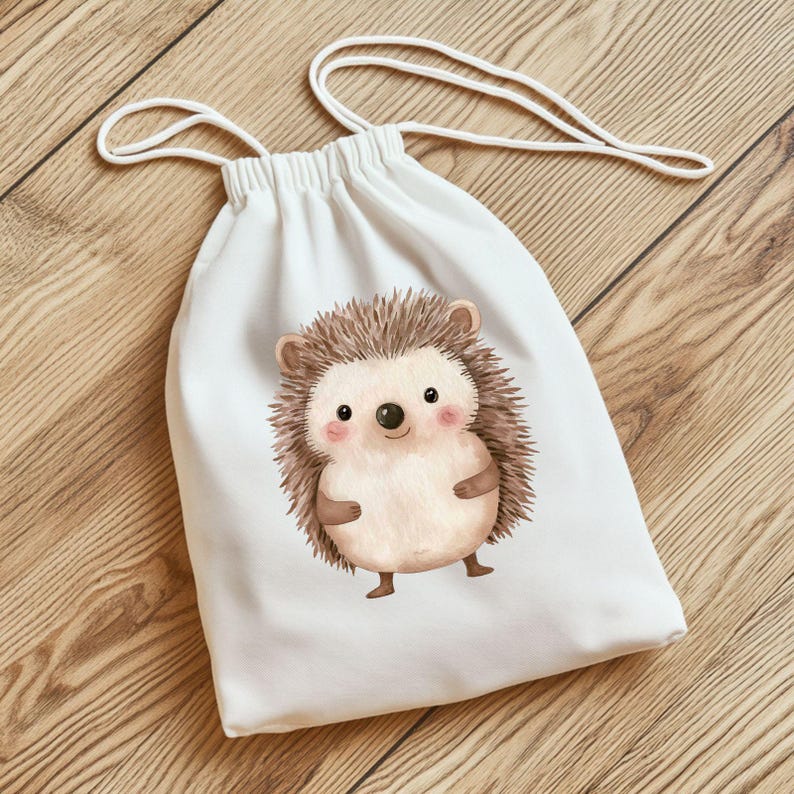 May include: A white drawstring bag featuring a charming cartoon hedgehog design. The hedgehog is brown with a white tummy. The bag is ideal for carrying small items.