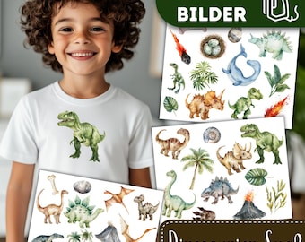 Dinosaurier Spaß Bügelbilder, Wasserfarbe Dino Grafiken zum Aufbügeln, T-Rex, Dschungel Saurier, Niedliche Illustrationen für Kinder Tshirt
