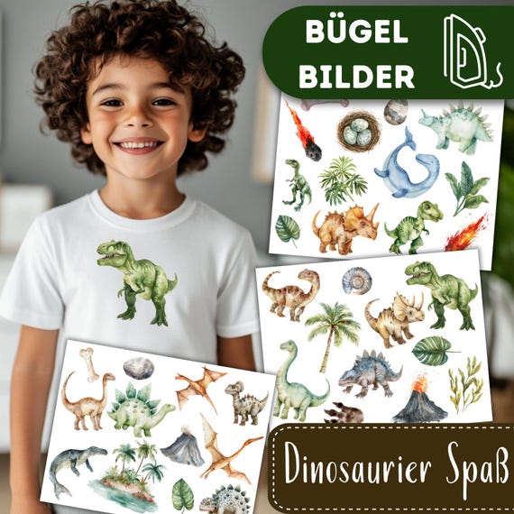 Dinosaurier Spaß Bügelbilder, Wasserfarbe Dino Grafiken zum Aufbügeln, T-Rex, Dschungel Saurier, Niedliche Illustrationen für Kinder Tshirt