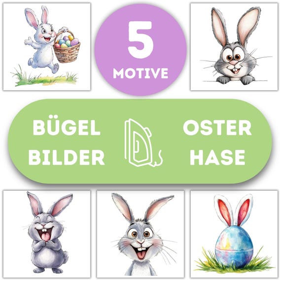 5 Lustige Osterhase Bügelbilder Wasserfarbe Osterei zum Aufbügeln, Ostern Tshirt, Aquarell Osterfeier Frühling Süß, Kinder Bügelmotiv