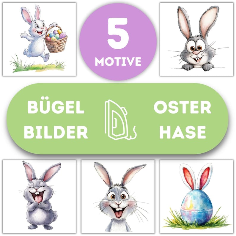 K&ouml;nnte beinhalten: F&uuml;nf B&uuml;gelbilder mit niedlichen Osterhasen. Die Motive zeigen einen Hasen, der einen Korb mit Eiern h&auml;lt, einen Hasen, der &uuml;ber ein Schild schaut, einen lachenden Hasen, einen Hasen mit einem gro&szlig;en L&auml;cheln und ein Hasenei mit rosa Ohren.