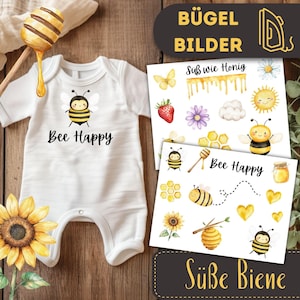 Pode incluir: Folha de transferência de calor com tema de abelha. A folha inclui uma abelha, favo de mel, flores, um girassol, um pote de mel e o texto "Bee Happy" e "Süße Biene".