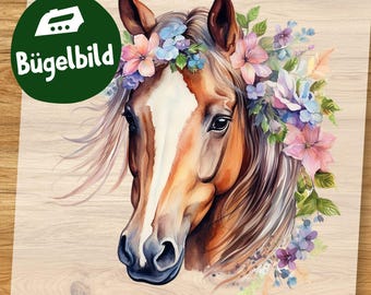 Süßes Pferde Bügelbild, Florales Pferdeportrait in Wasserfarbe, Aquarell Pferdemotiv für Kinder Shirt, Schultüte Aufbügler Mädchen Blumen