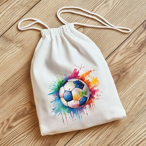 May include: White drawstring bag featuring a colorful soccer ball design. The soccer ball is depicted with a vibrant watercolor effect, surrounded by splashes of blue, green, yellow, orange, and pink. The bag has a white drawstring closure.