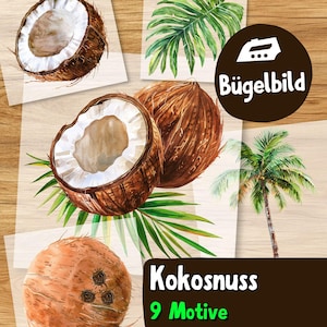 Pode incluir: Uma coleção de ilustrações em aguarela de cocos e folhas de palmeira, incluindo cocos inteiros, metades de coco com polpa branca e folhas verdes. A imagem inclui um logótipo circular castanho com um ícone de ferro e o texto Bügelbild.