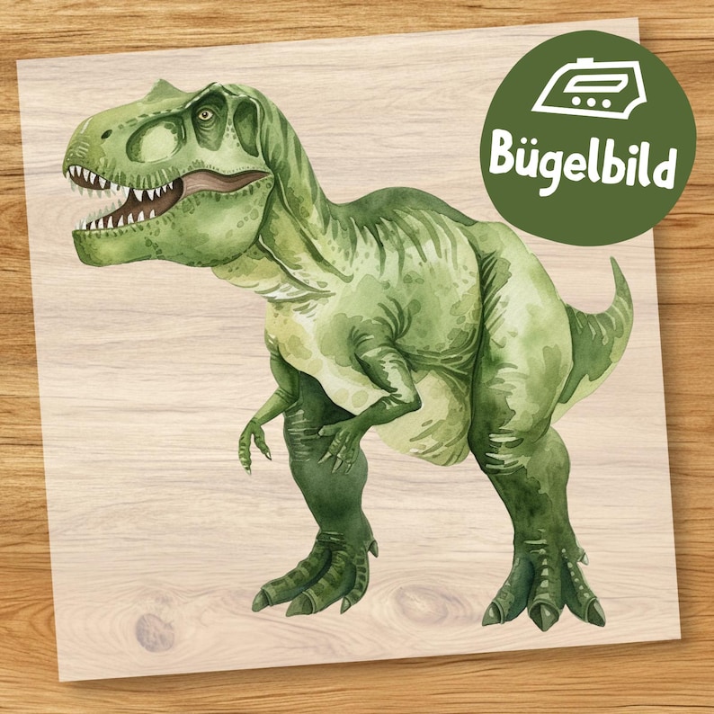 Op de afbeelding: Waterverfillustratie van een groene Tyrannosaurus Rex. De dinosaurus wordt in profiel getoond, met open mond en tanden. Een groene cirkel met de tekst "B&uuml;gelbild" staat in de rechterbovenhoek.