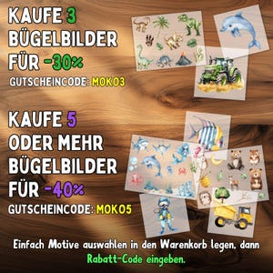 Peut inclure: Plusieurs motifs de transferts thermocollants avec des dinosaures, un dauphin, un tracteur, des cr&eacute;atures marines, des ours et un camion benne. L'image contient du texte proposant des r&eacute;ductions avec les codes MOKO3 et MOKO5.