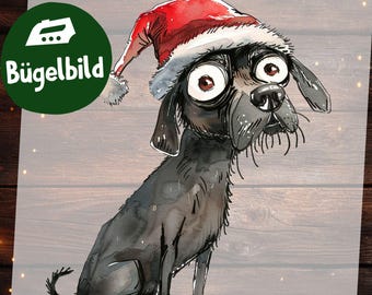 Bügelbild Weihnachtshund, Lustiger Hund mit Nikolausmütze für Kinder T-shirt, Festliche Textilgestaltung