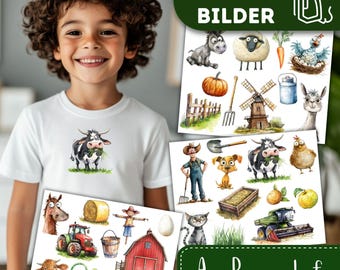 Bauernhof Bügelbilder, Wasserfarbe Süße Bauernhof Tiere Kuh, Lustiges Huhn Illustration, Cartoon Bauer zum Bügeln, Traktor, Gemüse Garten