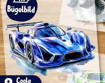 Coole Autos Bügelbilder, Rennauto Wasserfarbe zum Aufbügeln, Driftende Sportautos, Monstertruck Kinder Tshirt Bügelmotiv, Autorennen Bilder