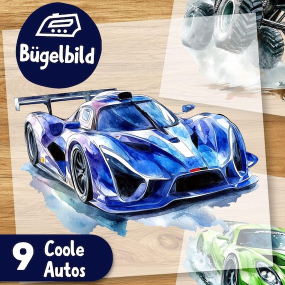 Coole Autos Bügelbilder, Rennauto Wasserfarbe zum Aufbügeln, Driftende Sportautos, Monstertruck Kinder Tshirt Bügelmotiv, Autorennen Bilder