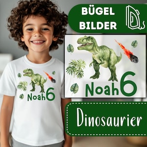 Dinosaurier Spaß Bügelbilder, Personalisierte Wasserfarbe Dino Grafiken zum Aufbügeln, dein Name und Alter T-Rex, Dschungel Kinder Tshirt