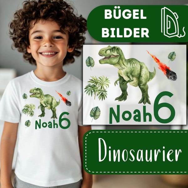 Dinosaurier Spaß Bügelbilder, Personalisierte Wasserfarbe Dino Grafiken zum Aufbügeln, dein Name und Alter T-Rex, Dschungel Kinder Tshirt