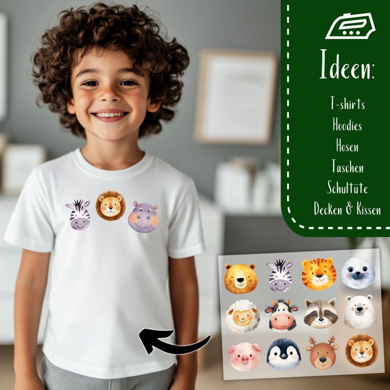 Pode incluir: Uma camiseta branca com ilustra&ccedil;&otilde;es em aquarela de uma zebra, um le&atilde;o e um hipop&oacute;tamo. Desenhos adicionais de rostos de animais s&atilde;o mostrados em um cart&atilde;o separado. A camiseta &eacute; usada por uma crian&ccedil;a.