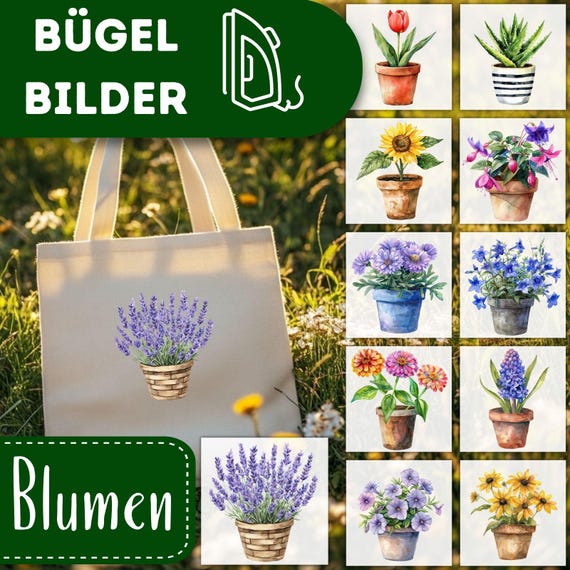 Blumen Bügelbilder, Topfblumen Wasserfarbe Tulpe zum Aufbügeln, Sommer Blüte Tshirt Bügelmotiv, Kleine Blümchen Transfer, Sonnenblume Druck