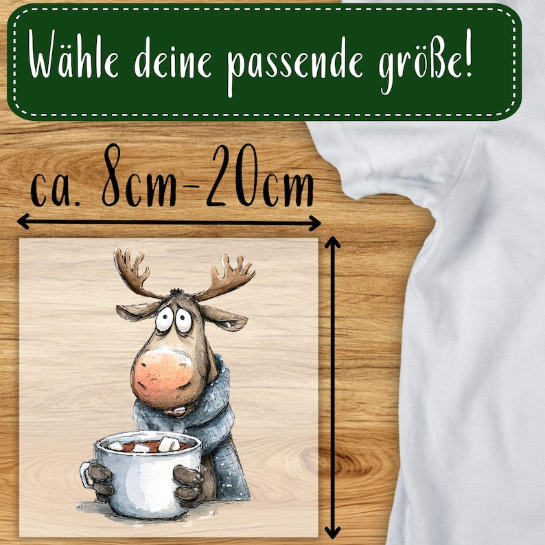 May include: A square print featuring a cartoon moose with large eyes, wearing a blue scarf, and holding a mug of hot chocolate. The print is approximately 3 to 8 inches in size. Text at the top reads "Choose your size!"