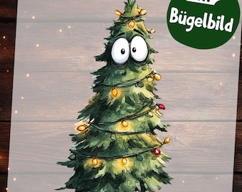Bügelbild Weihnachtsbaum – Lustiger Cartoon Tannenbaum mit Lichterkette zum Aufbügeln für Kinder Kleidung & Weihnachtsdeko