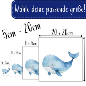 May include: A watercolor illustration of a blue whale with a white background. The image is available in five different sizes: 5x5 cm, 10x10 cm, 15x15 cm, 20x20 cm, and 5-20 cm.