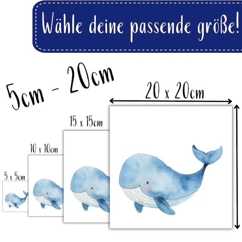 May include: A watercolor illustration of a blue whale with a white background. The image is available in five different sizes: 5x5 cm, 10x10 cm, 15x15 cm, 20x20 cm, and 5-20 cm.