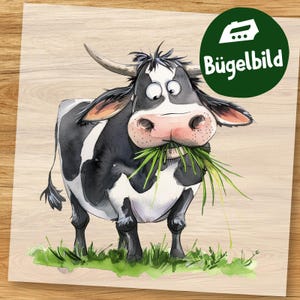 Lustige Kuh Bügelbild, Cartoon Kuh beim Grasfressen Wasserfarbe zum Aufbügeln, Bauernhof Tier Kinder Tshirt, Schultüte Bügelmotiv Witzig