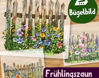 Frühlingszaun Bügelbild Set – Blumenzaun Wasserfarbe zum Aufbügeln für Kinder Tshirt Garten Motiv PNG