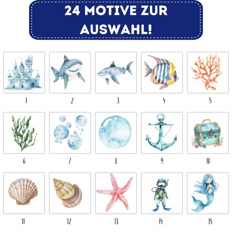 May include: A set of 15 watercolor illustrations featuring various ocean-themed designs, including a castle, sharks, fish, seaweed, bubbles, an anchor, a treasure chest, seashells, a starfish, a scuba diver, and a mermaid. The illustrations are numbered 1 through 15.