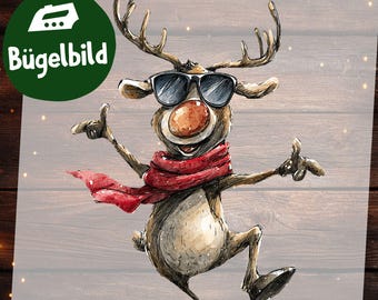 Bügelbild Lustiges Rentier, Weihnachtsrentier mit Sonnenbrille für Kinder Winter Shirt und festliche Textilgestaltung